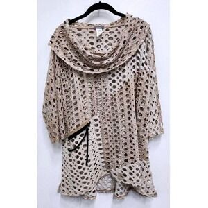 Yushi Open Knit Cowl Neck Tunic Top Womens Large Tan Mesh Lagenlook Artsy